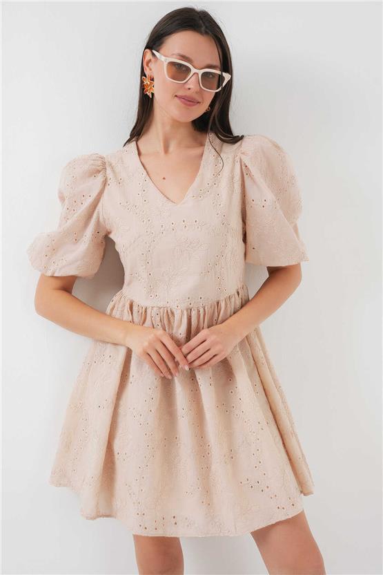 Bıgdart Y25 2529 Bej Kadın Fıstolu Kısa Elbıse