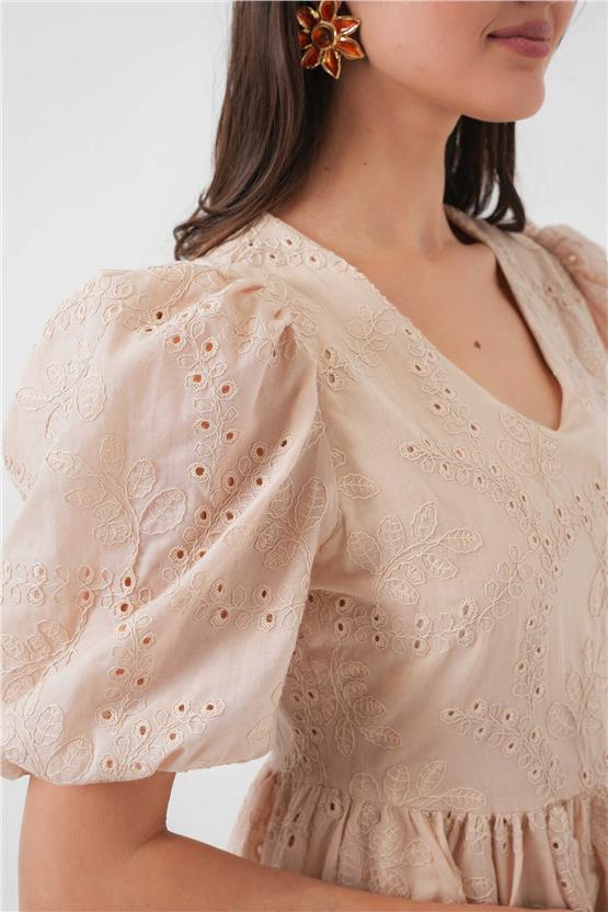 Bıgdart Y25 2529 Bej Kadın Fıstolu Kısa Elbıse