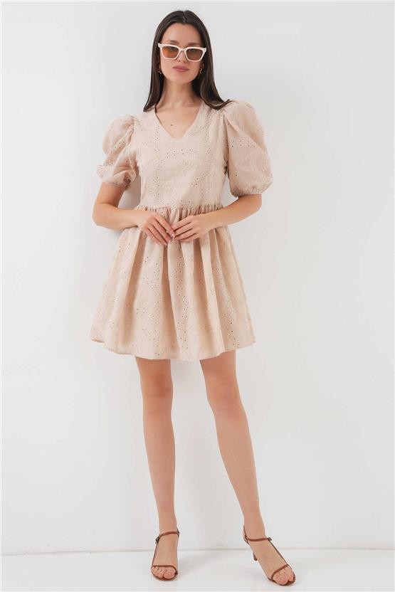 Bıgdart Y25 2529 Bej Kadın Fıstolu Kısa Elbıse