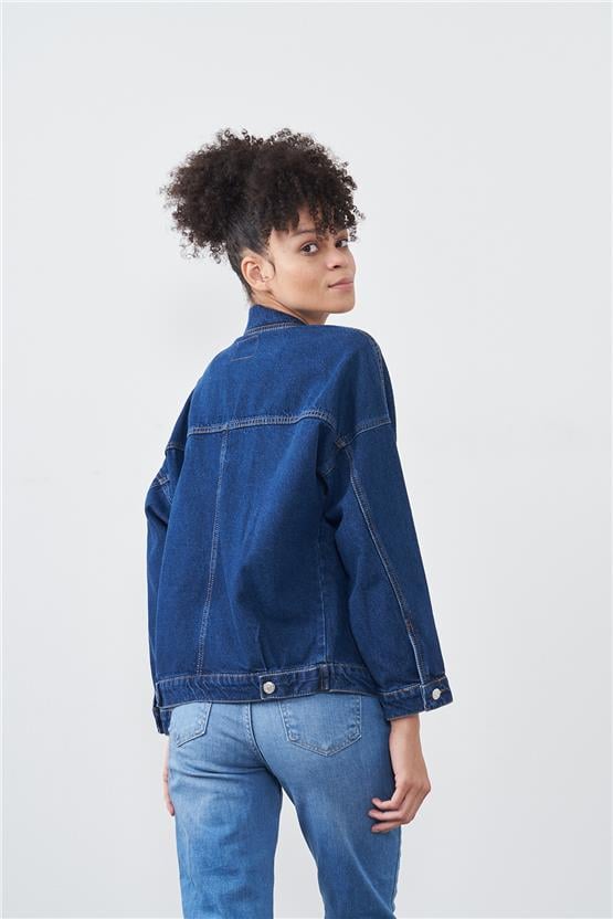 Blue Turtle C2040 Koyu Mavi Kadın Oversize Kot Ceket Denim