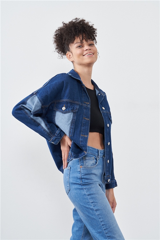 Blue Turtle C2040 Koyu Mavi Kadın Oversize Kot Ceket Denim