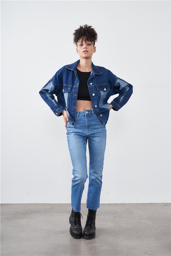 Blue Turtle C2040 Koyu Mavi Kadın Oversize Kot Ceket Denim