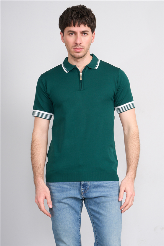 C.K Y26 815 Zümrüt Erkek Triko Fermmuarlı Şeritli Polo Yaka Tişört M-Xxl