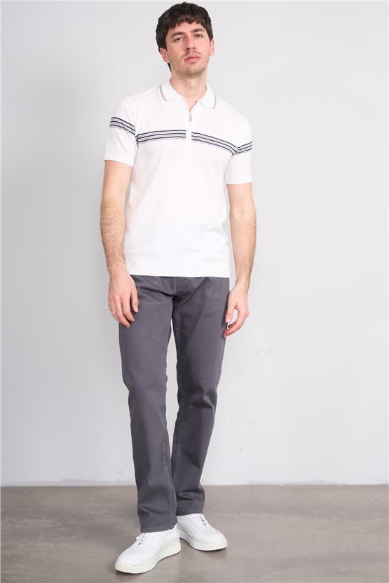 C.K Y26 805 Beyaz Erkek Triko Fermuarlı Çizgi Detaylı Polo Yaka Tişört M-Xxl