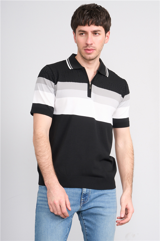 C.K Y26 811 Siyah Erkek Triko Fermuarlı Polo Yaka Çizgilı Tişört M-Xxl
