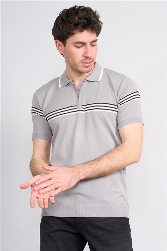 C.K Y26 805 Gri Erkek Triko Fermuarlı Çizgi Detaylı Polo Yaka Tişört M-Xxl