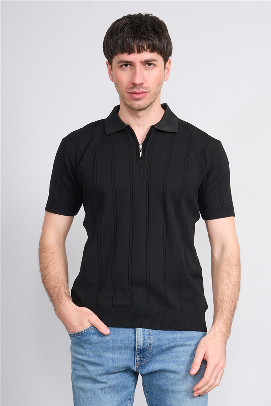 C.K Y26 812 Siyah Erkek Triko Fermmuarlı Şeritli Polo Yaka Tişört M-Xxl