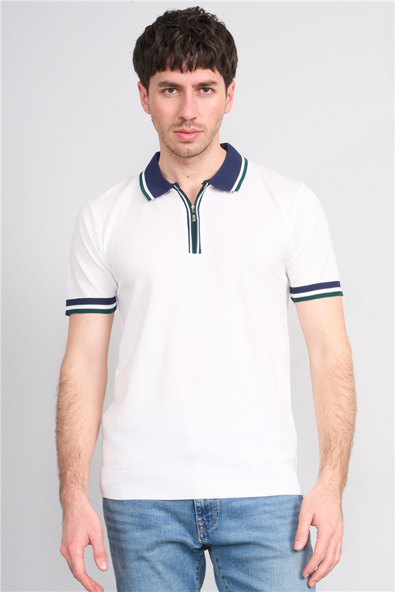 C.K Y26 803 Beyaz Erkek Triko Fermuarlı Polo Yaka Tişört M-Xxl