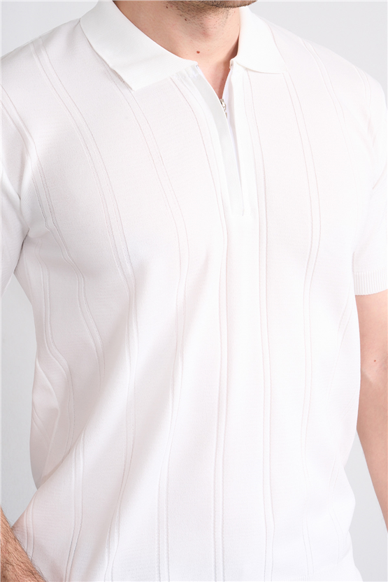 C.K Y26 812 Beyaz Erkek Triko Fermmuarlı Şeritli Polo Yaka Tişört M-Xxl