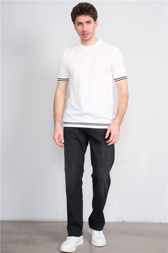 C.K Y26 828 Beyaz Erkek Triko Bisiklet Yaka Nakış Detaylı Şeritli Tişört M-Xxl