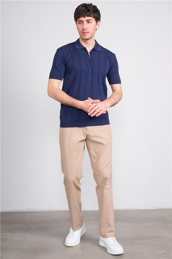 C.K Y26 812 Lacivert Erkek Triko Fermmuarlı Şeritli Polo Yaka Tişört M-Xxl