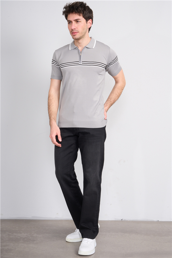 C.K Y26 805 Gri Erkek Triko Fermuarlı Çizgi Detaylı Polo Yaka Tişört M-Xxl