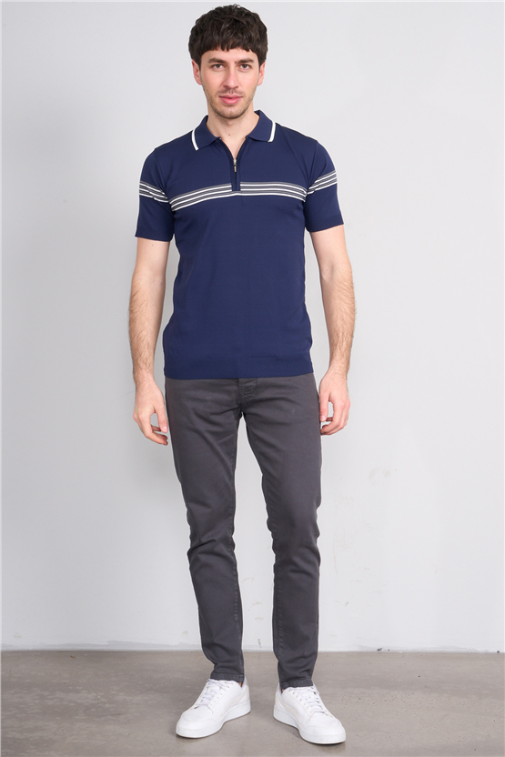 C.K Y26 805 Lacivert Erkek Triko Fermuarlı Çizgi Detaylı Polo Yaka Tişört M-Xxl