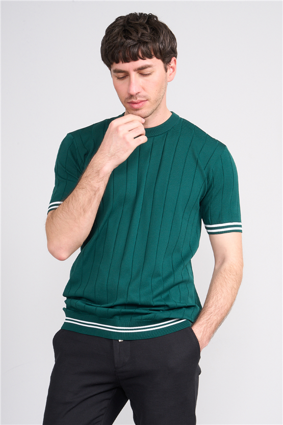 C.K Y26 828 Zümrüt Erkek Triko Bisiklet Yaka Nakış Detaylı Şeritli Tişört M-Xxl