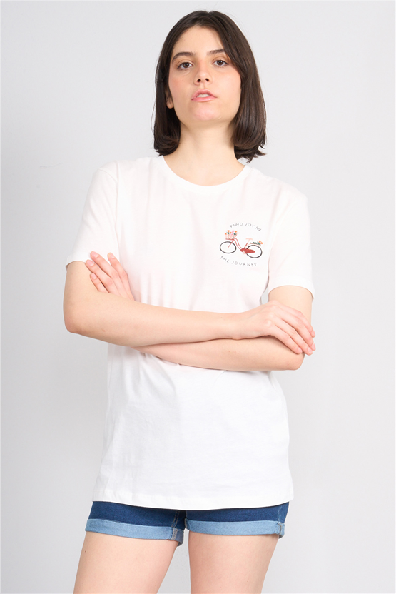 C.K Y26 8946 Fithit Kadın Bisiklet Yaka Regular Nakışlı T-shirt Krem