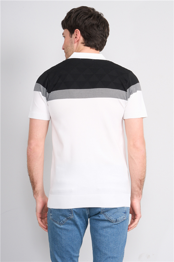 C.K Y26 802 Beyaz Erkek Triko Fermuarlı Desenli Polo Yaka Tişört M-Xxl