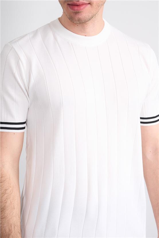 C.K Y26 828 Beyaz Erkek Triko Bisiklet Yaka Nakış Detaylı Şeritli Tişört M-Xxl