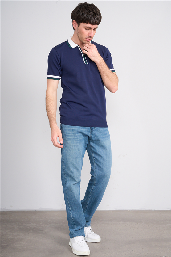 C.K Y26 803 Lacivert Erkek Triko Fermuarlı Polo Yaka Tişört M-Xxl