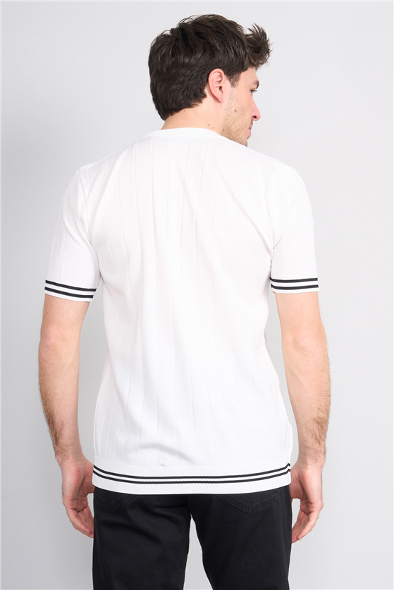 C.K Y26 828 Beyaz Erkek Triko Bisiklet Yaka Nakış Detaylı Şeritli Tişört M-Xxl