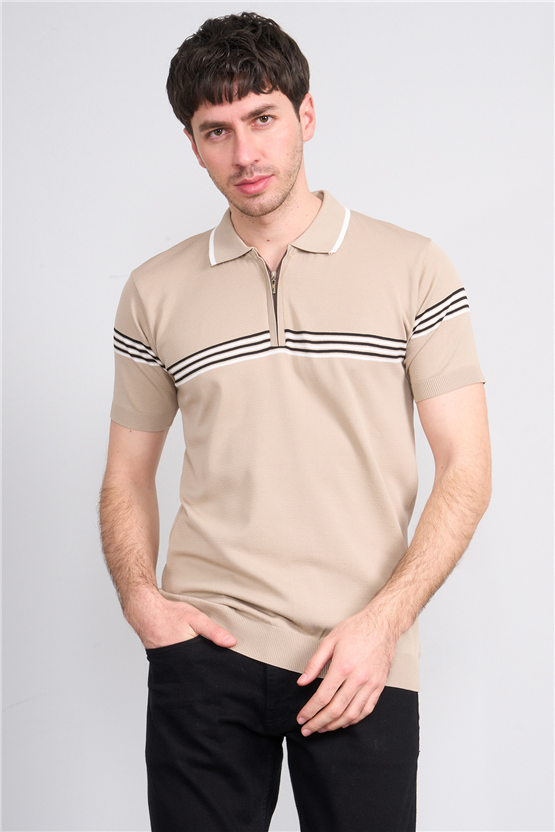 C.K Y26 805 Kahverengi Erkek Triko Fermuarlı Çizgi Detaylı Polo Yaka Tişört M-Xxl