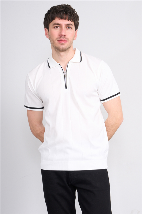 C.K Y26 829 Beyaz Erkek Triko Fermuarlı Şeritli Polo Yaka Tişört M-Xxl
