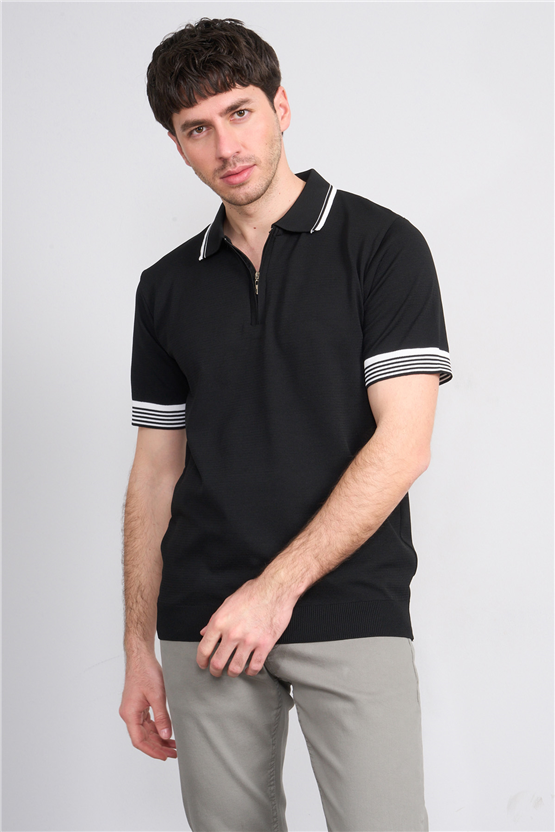 C.K Y26 815 Siyah Erkek Triko Fermmuarlı Şeritli Polo Yaka Tişört M-Xxl