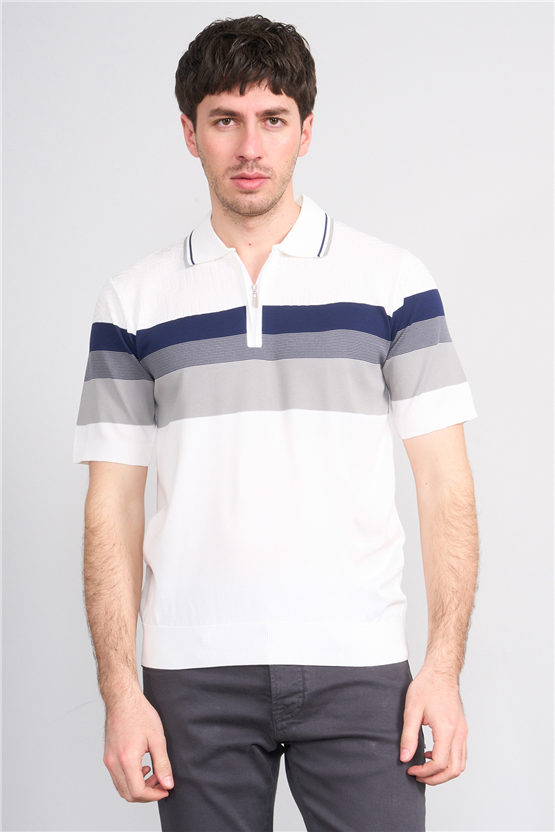 C.K Y26 811 Beyaz Erkek Triko Fermuarlı Polo Yaka Çizgilı Tişört M-Xxl