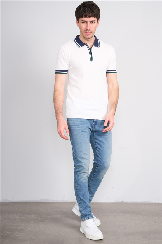 C.K Y26 803 Beyaz Erkek Triko Fermuarlı Polo Yaka Tişört M-Xxl