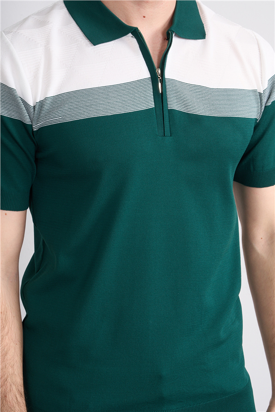 C.K Y26 802 Zümrüt Erkek Triko Fermuarlı Desenli Polo Yaka Tişört M-Xxl