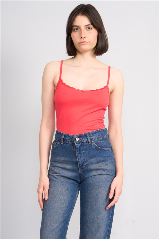 C.K Y26 8446 Fithit Byn Ip Askılı Dantellı Penye Atlet Nar Cıcegı