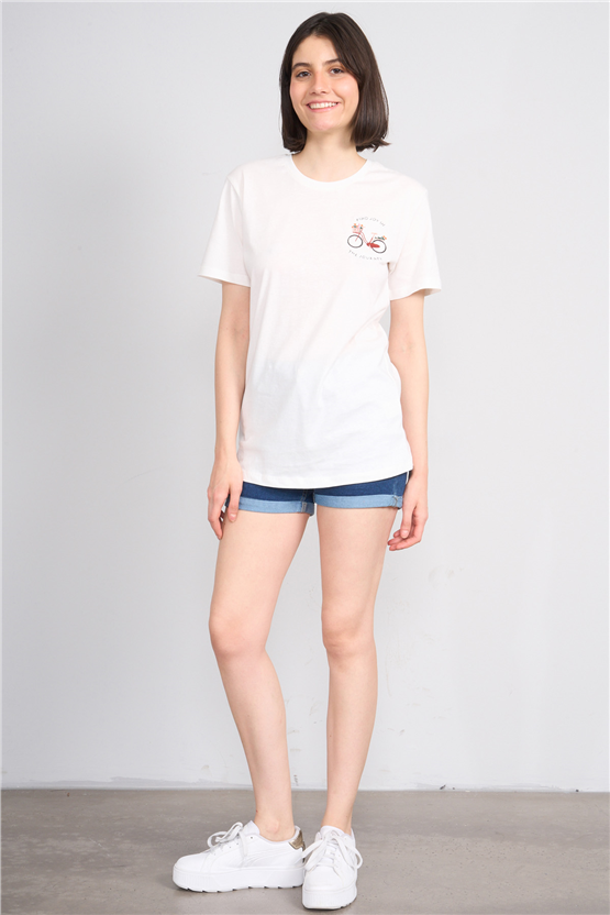 C.K Y26 8946 Fithit Kadın Bisiklet Yaka Regular Nakışlı T-shirt Krem