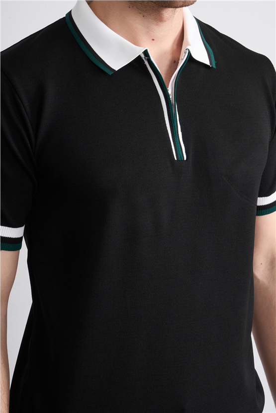C.K Y26 803 Siyah Erkek Triko Fermuarlı Polo Yaka Tişört M-Xxl
