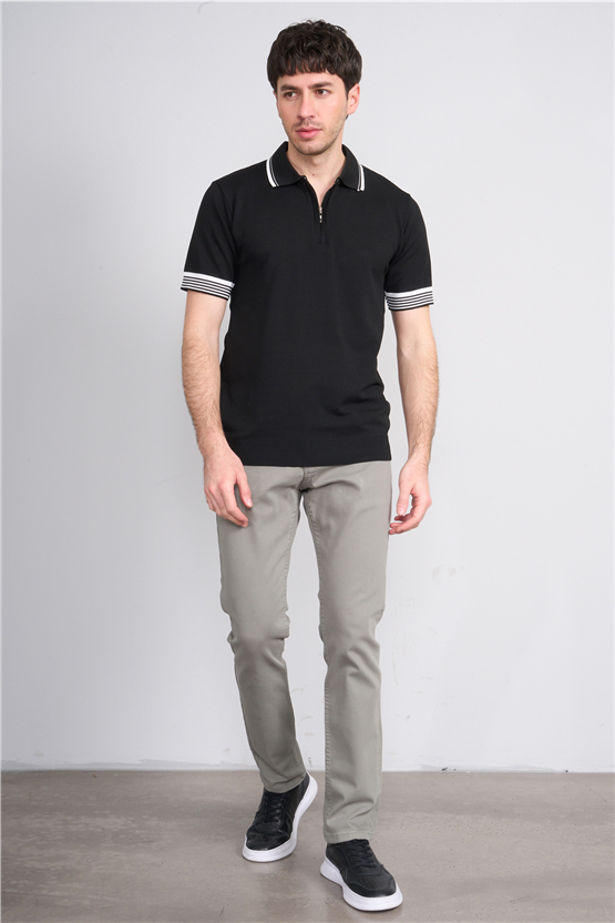 C.K Y26 815 Siyah Erkek Triko Fermmuarlı Şeritli Polo Yaka Tişört M-Xxl