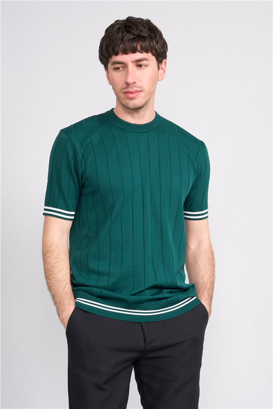 C.K Y26 828 Zümrüt Erkek Triko Bisiklet Yaka Nakış Detaylı Şeritli Tişört M-Xxl