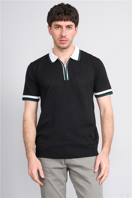 C.K Y26 803 Siyah Erkek Triko Fermuarlı Polo Yaka Tişört M-Xxl