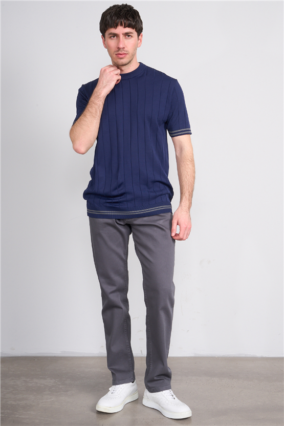 C.K Y26 828 Lacivert Erkek Triko Bisiklet Yaka Nakış Detaylı Şeritli Tişört M-Xxl