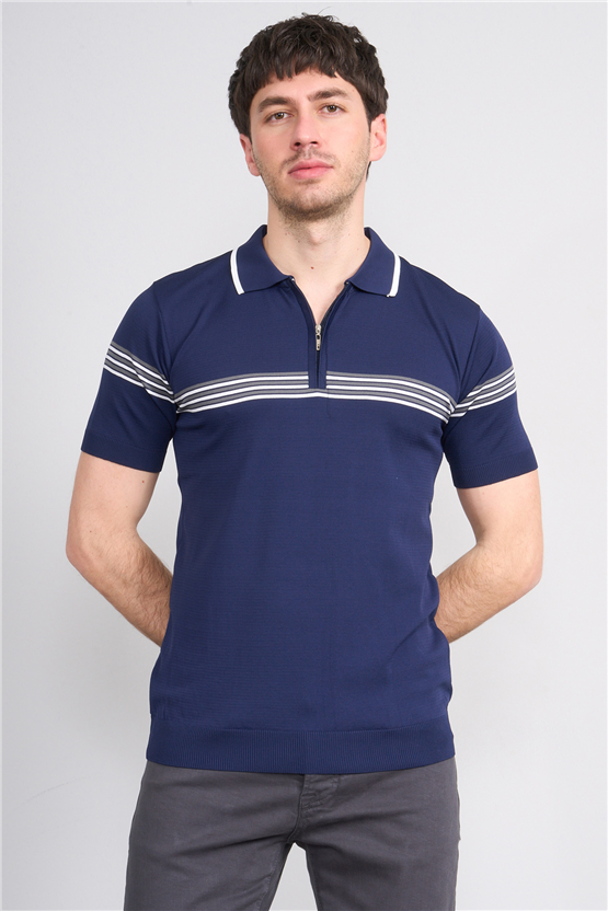 C.K Y26 805 Lacivert Erkek Triko Fermuarlı Çizgi Detaylı Polo Yaka Tişört M-Xxl