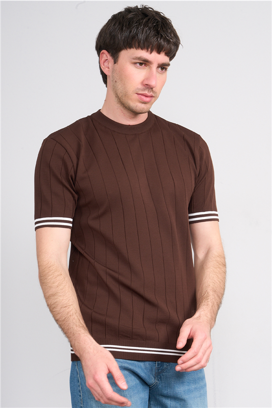 C.K Y26 828 Kahverengi Erkek Triko Bisiklet Yaka Nakış Detaylı Şeritli Tişört M-Xxl