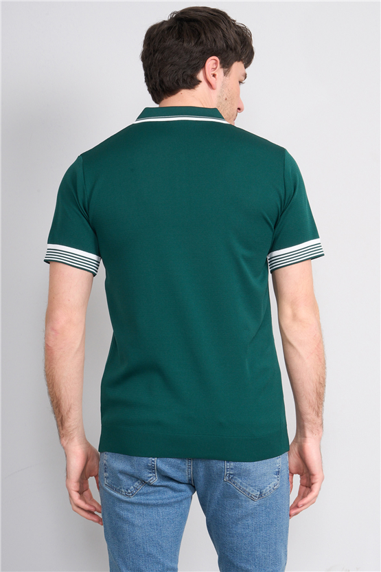 C.K Y26 815 Zümrüt Erkek Triko Fermmuarlı Şeritli Polo Yaka Tişört M-Xxl