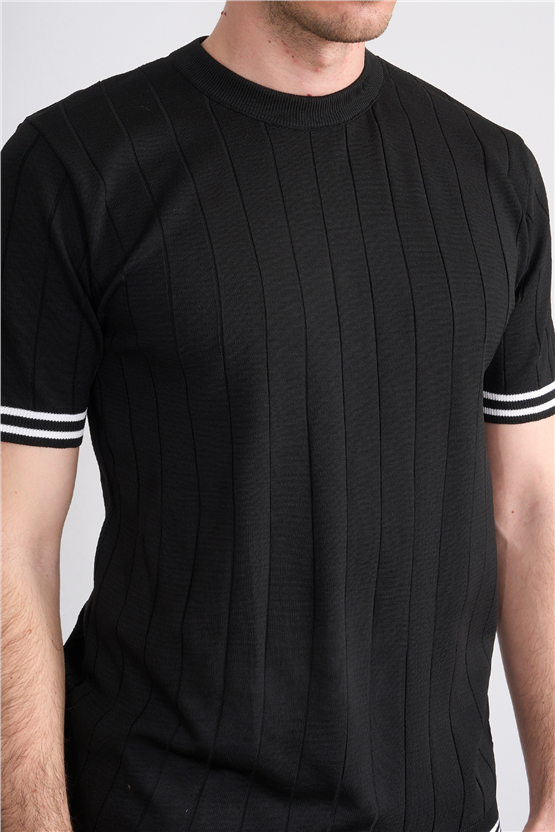 C.K Y26 828 Siyah Erkek Triko Bisiklet Yaka Nakış Detaylı Şeritli Tişört M-Xxl