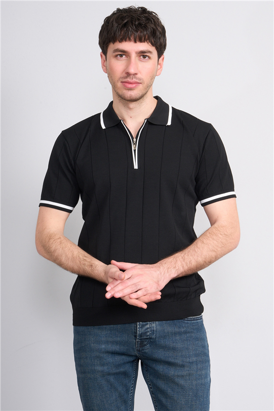 C.K Y26 829 Lacivert Erkek Triko Fermuarlı Şeritli Polo Yaka Tişört M-Xxl