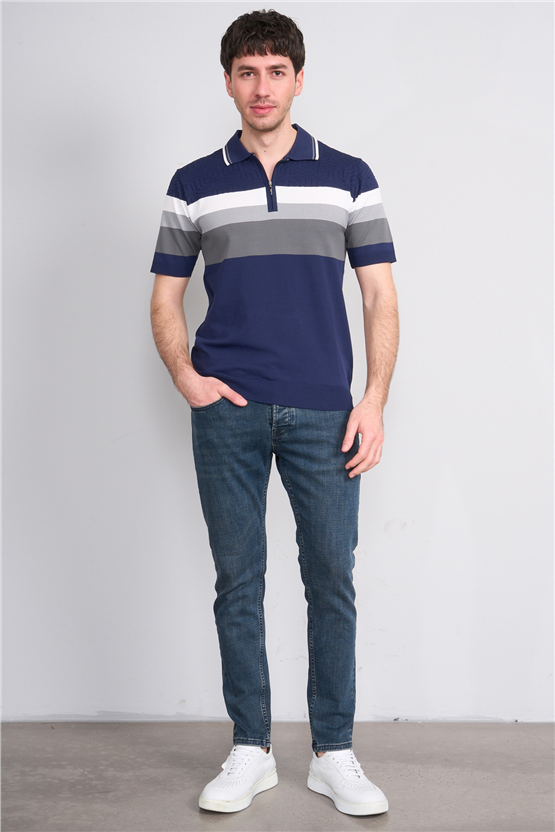 C.K Y26 811 Lacivert Erkek Triko Fermuarlı Polo Yaka Çizgilı Tişört M-Xxl