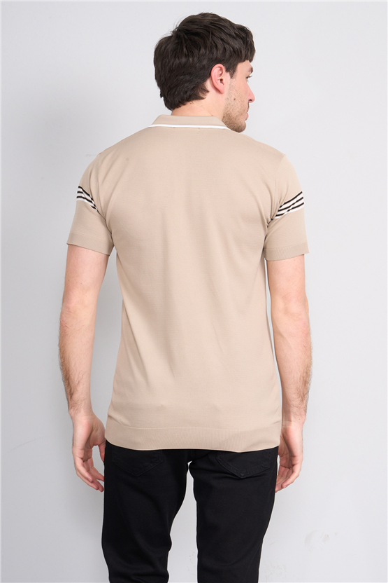 C.K Y26 805 Kahverengi Erkek Triko Fermuarlı Çizgi Detaylı Polo Yaka Tişört M-Xxl