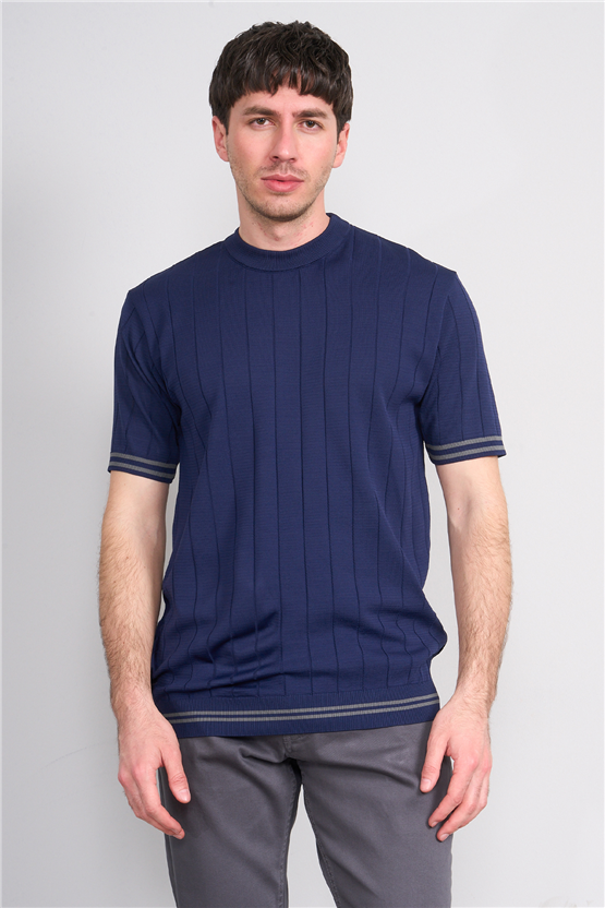 C.K Y26 828 Lacivert Erkek Triko Bisiklet Yaka Nakış Detaylı Şeritli Tişört M-Xxl