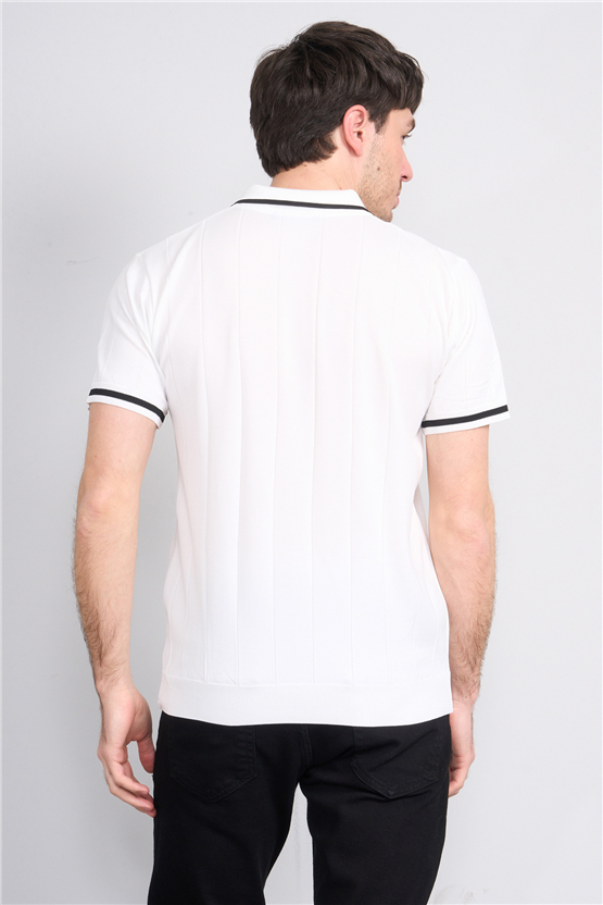C.K Y26 829 Beyaz Erkek Triko Fermuarlı Şeritli Polo Yaka Tişört M-Xxl