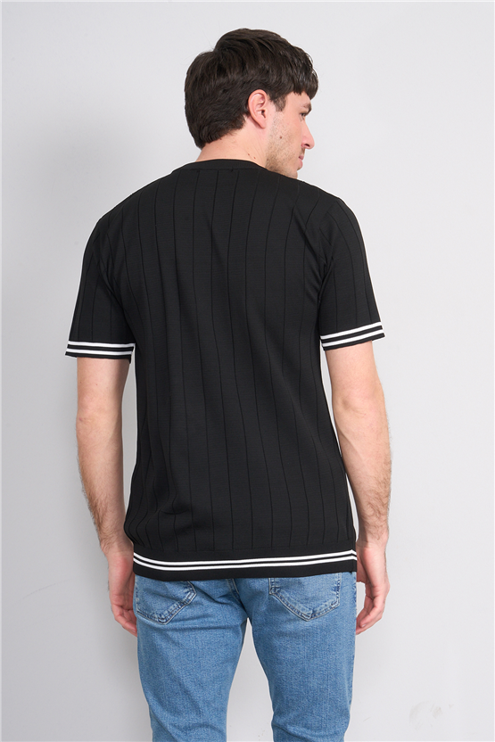 C.K Y26 828 Siyah Erkek Triko Bisiklet Yaka Nakış Detaylı Şeritli Tişört M-Xxl