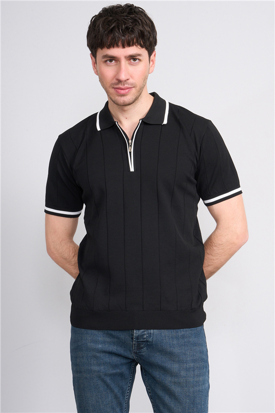 C.K Y26 829 Lacivert Erkek Triko Fermuarlı Şeritli Polo Yaka Tişört M-Xxl