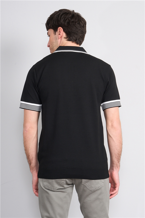 C.K Y26 815 Siyah Erkek Triko Fermmuarlı Şeritli Polo Yaka Tişört M-Xxl