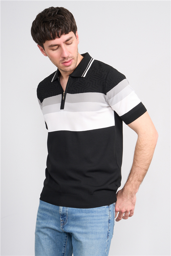 C.K Y26 811 Siyah Erkek Triko Fermuarlı Polo Yaka Çizgilı Tişört M-Xxl