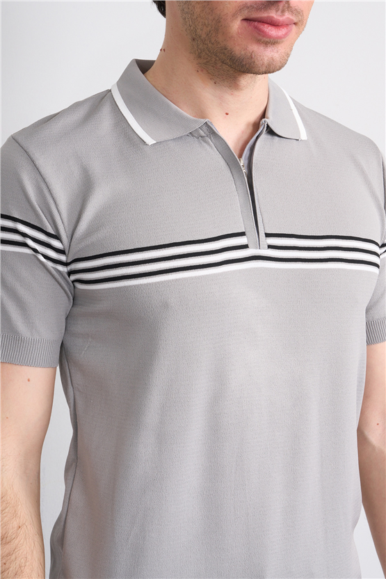 C.K Y26 805 Gri Erkek Triko Fermuarlı Çizgi Detaylı Polo Yaka Tişört M-Xxl